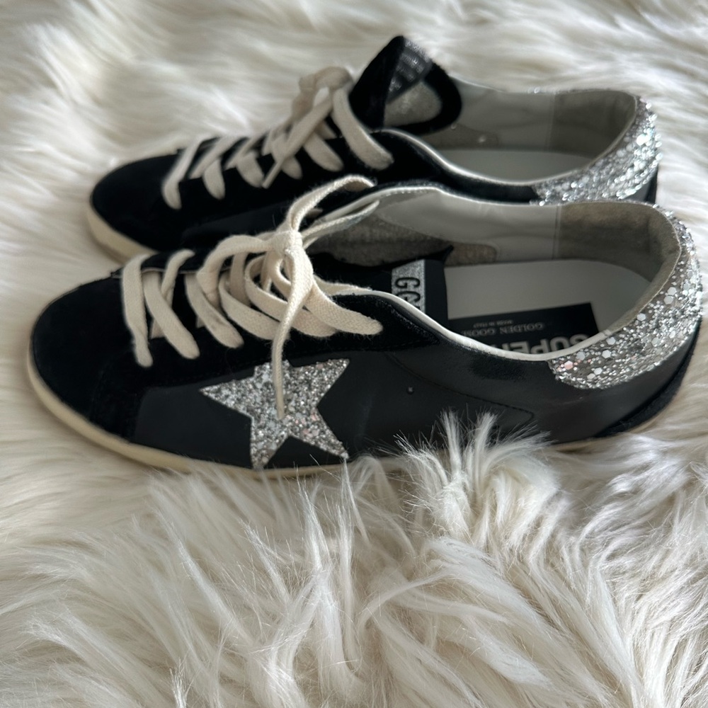 Golden Goose Black and Silver Glitter Star Sneakers